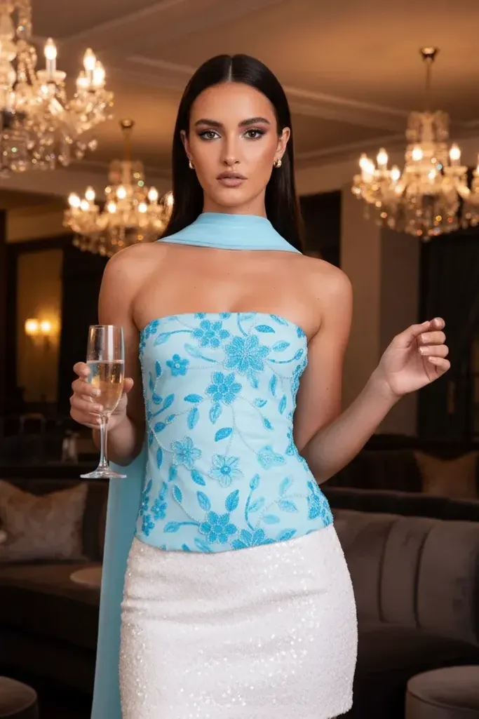 Light Blue Sequined Fitted Tube Top - Image 1
