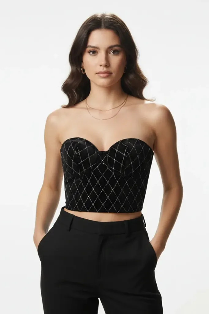 Black Geometric Tube Neck Corset Top - Image 1