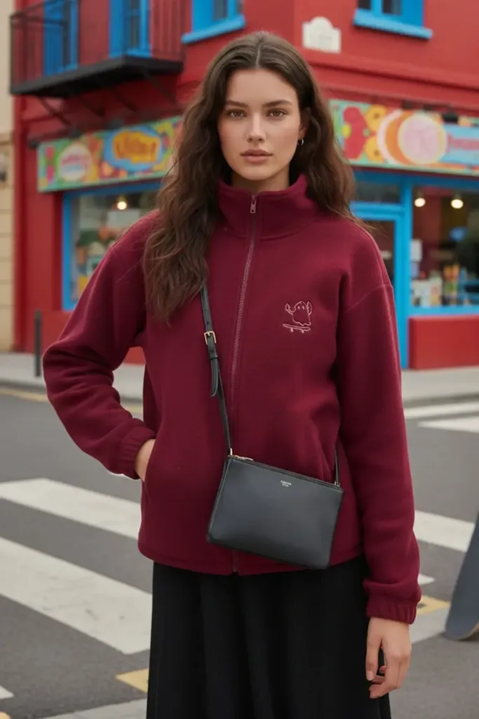 Maroon High Neck Zipper Jacket - Image 1