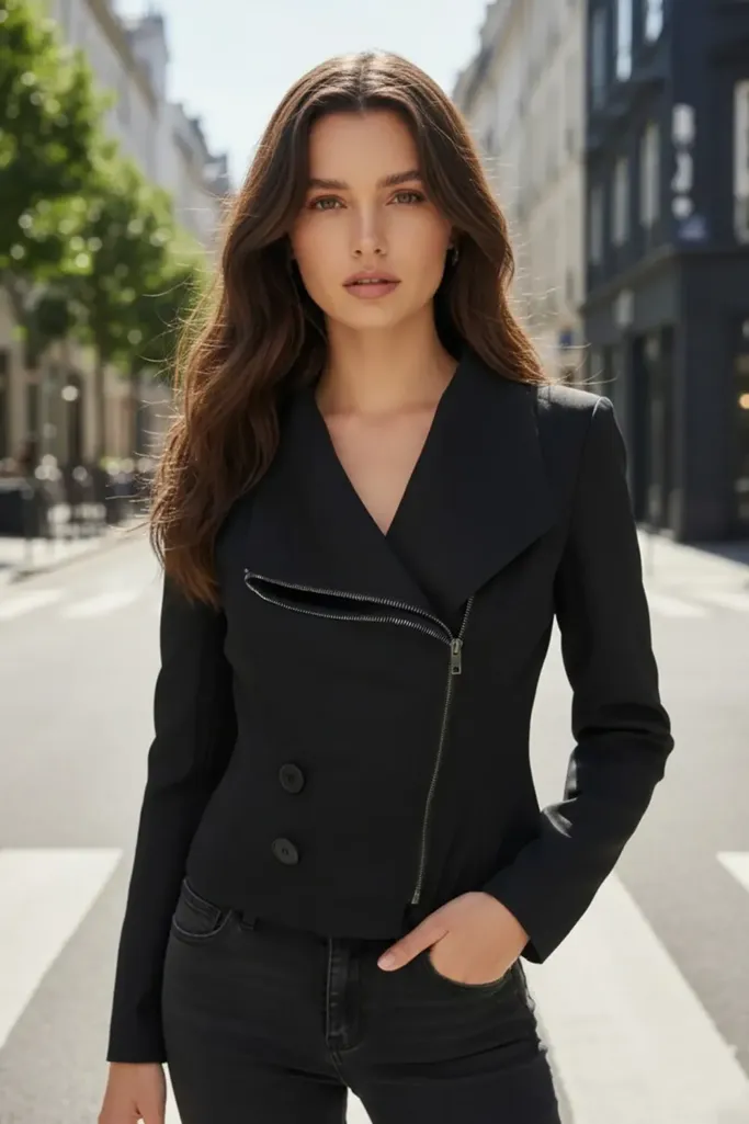 Black Fitted Crop Zipper Jacket - Image 1