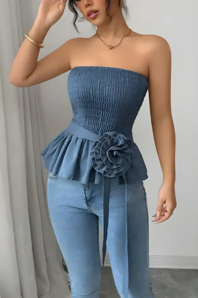 Blue Smocked Peplum Top - Image 1