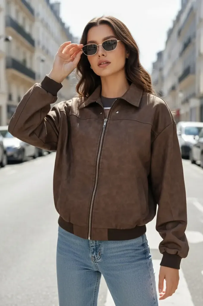 Brown Solid Oversized PU Zipper Jacket - Image 1