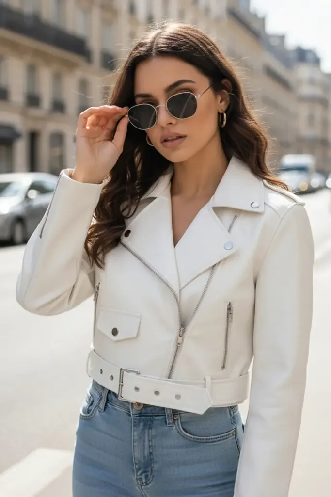 White Pu Cropped Biker Jacket - Image 1