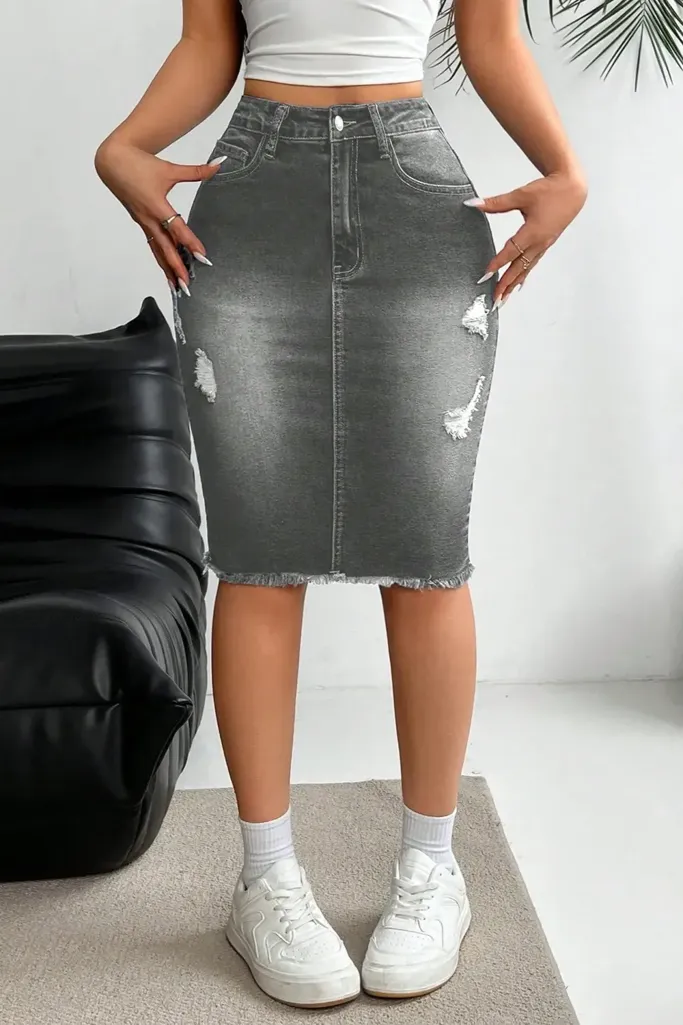 Grey Ripped High-Rise Denim Skirt - Image 1