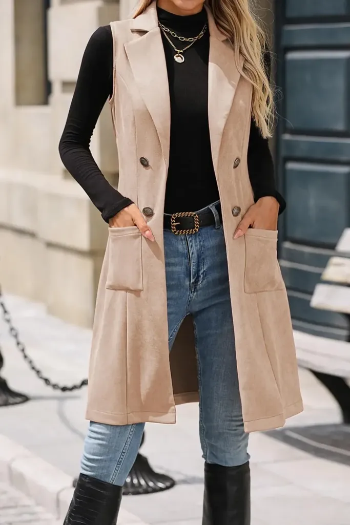 Beige Buttoned Lapel Collar Coat - Image 1