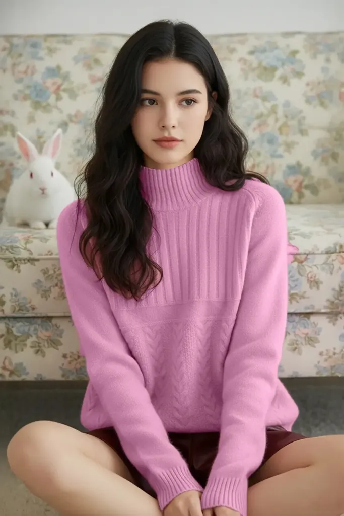 Light Pink Solid High Neck Sweater - Image 1