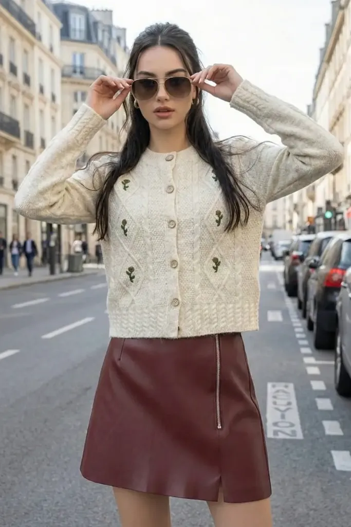 Cream Embroidered Button Down Cardigan - Image 1