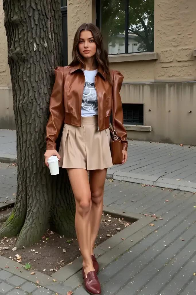 Brown Padded Shoulder PU Biker Jacket - Image 1