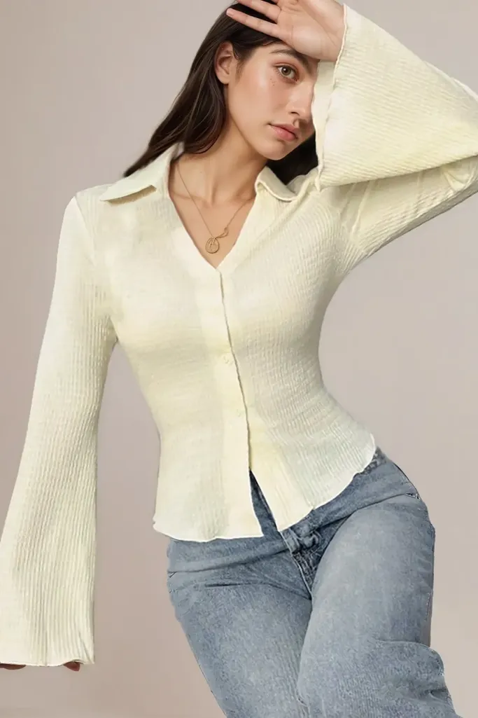 Cream V-Neck Buttoned Shirt - Image 1