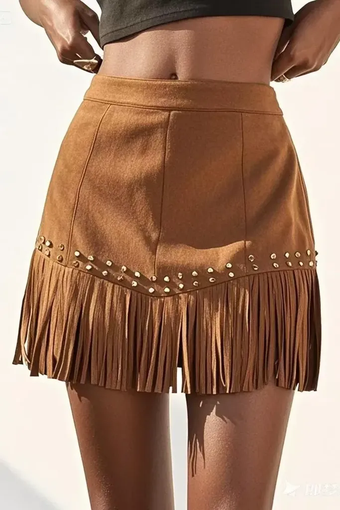 Brown Studded Fringed Mini Skirt - Image 1