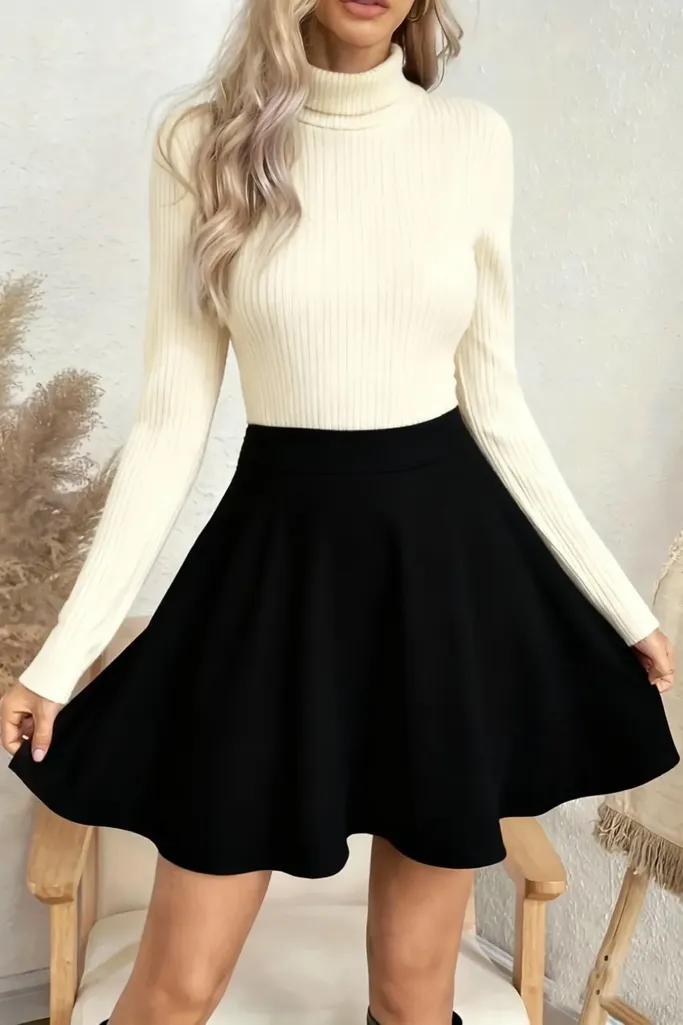 Black Solid High Rise Skater Skirt - Image 1