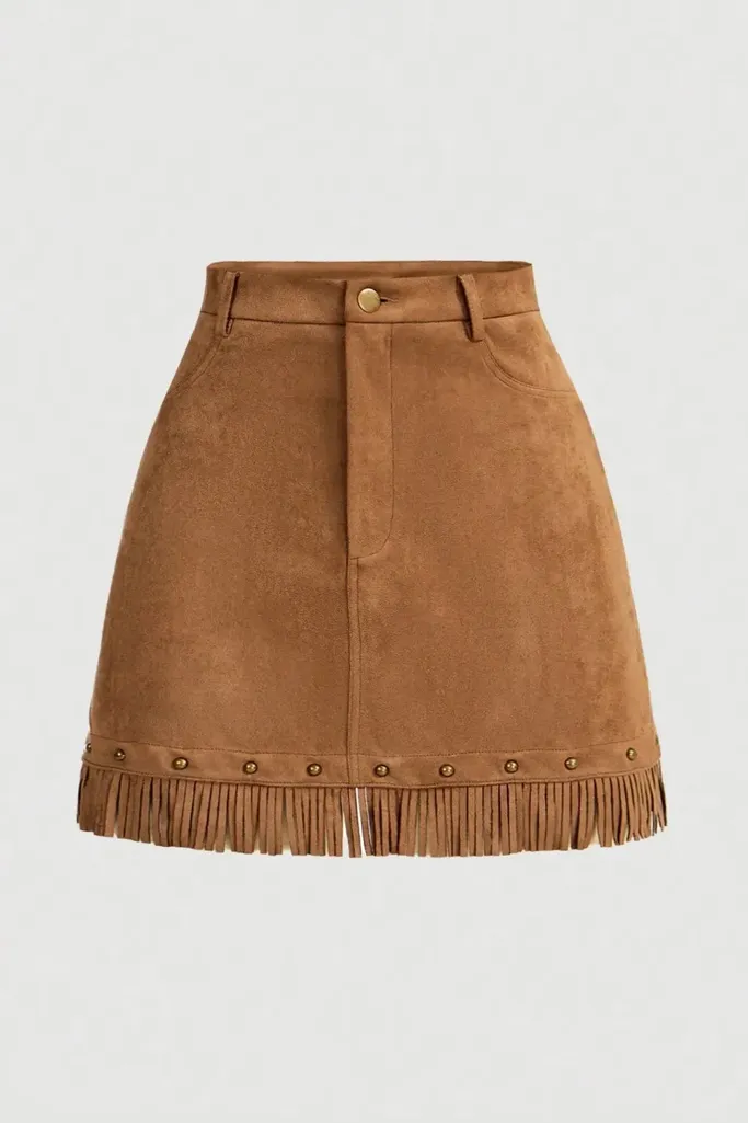Brown Fringe Studded Mini Skirt - Image 1