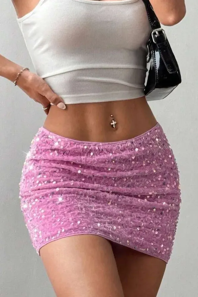 Light Pink Sequin Mini Skirt - NEWME