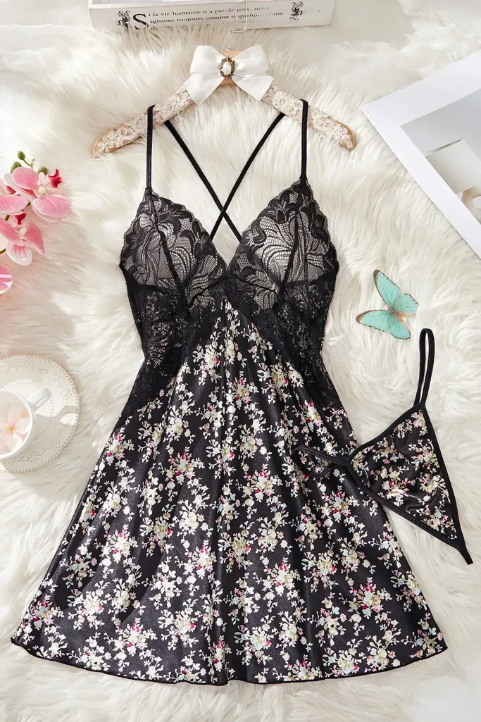 Black Lace Floral Babydoll - Image 1
