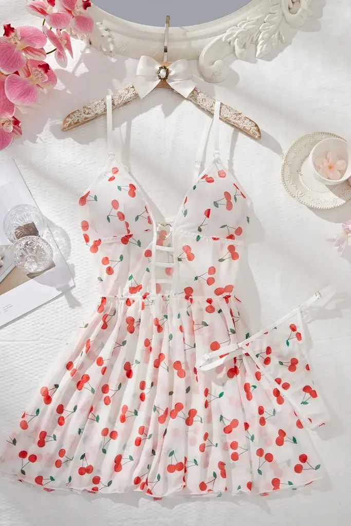 White Cherry Cut Out Babydoll - Image 1