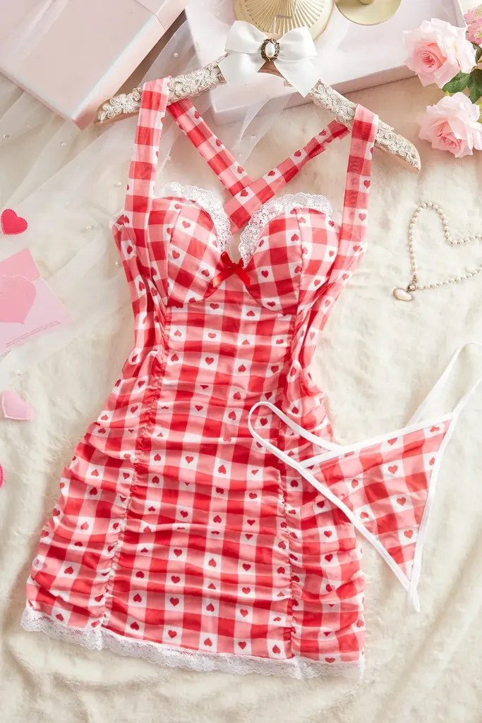Red Lace Gingham Babydoll - Image 1