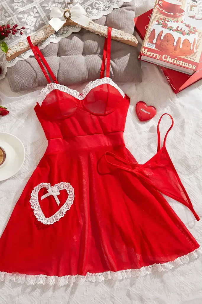 Red Lace Sweetheart Neck Babydoll - Image 1