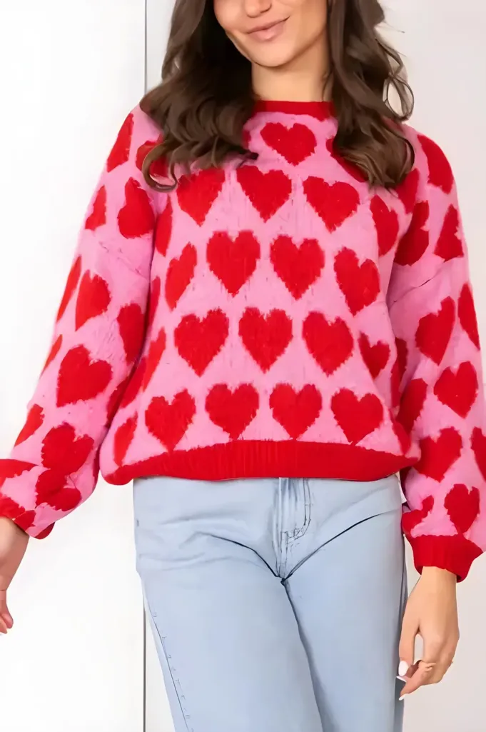 Red Heart Print Crew Neck Sweater - Image 1