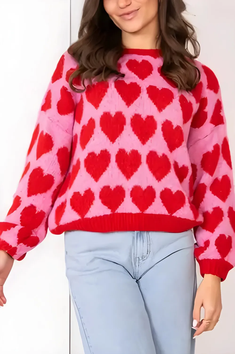 Red Heart Print Crew Neck Sweater