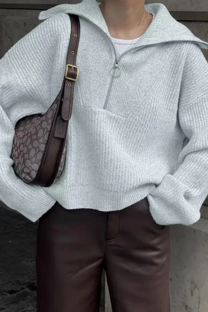 Light Grey Oversized Zip Collar Sweater - Image 1