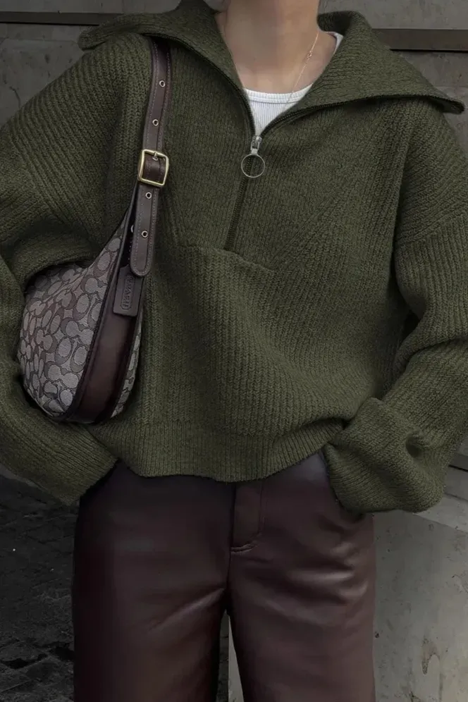 Olive Oversized Zip Collar Sweater - Image 1