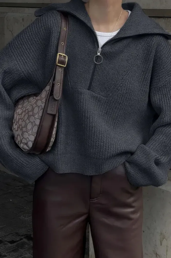 Dark Grey Oversized Zip Collar Sweater - Image 1