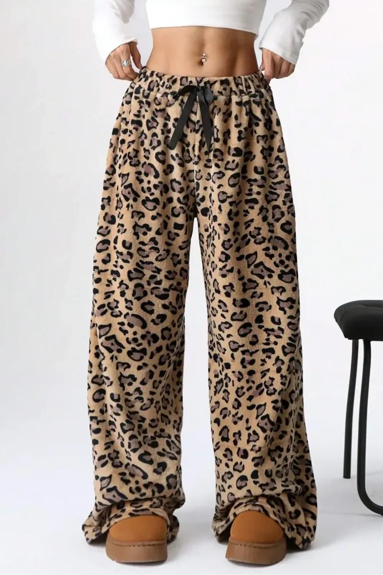 Brown Leopard Print Wide Leg Trousers - NEWME