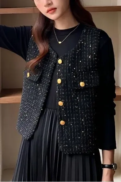 Black Buttoned Sleeveless Tweed Jacket - Image 1