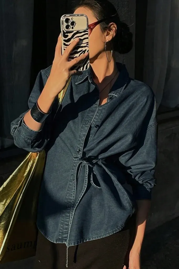 Dark Blue Denim Tie Up Shirt - Image 1