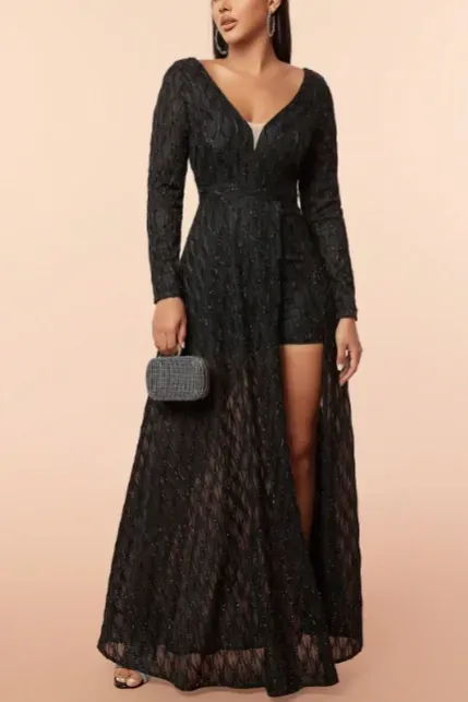 Black Sequined Slit Maxi Dress - Image 1