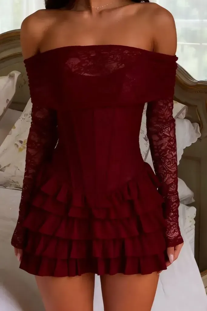 Maroon Off-Shoulder Lace Mini Dress - Image 1