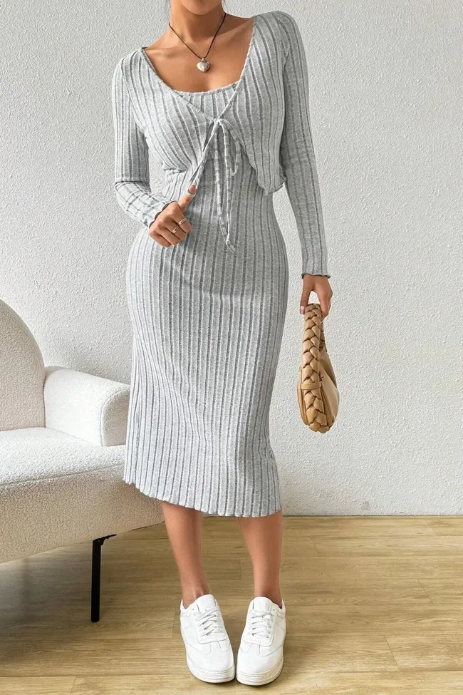 light grey midi dress Grey Midi Dress with Gathered Waist – Another Girl main image 0