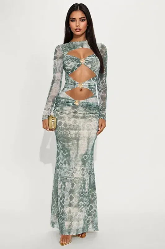Grey Abstract Cut-Out Maxi Dress - Image 1