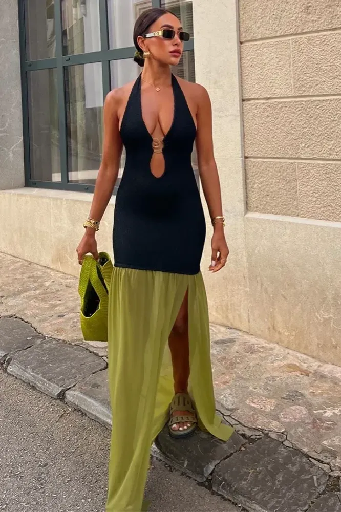 Black Halter Neck Maxi Dress - Image 1