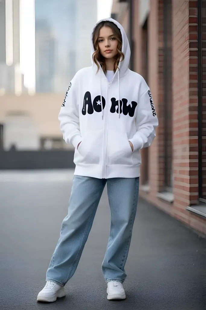 White Typography Zipper Sweatshirt - Image 1