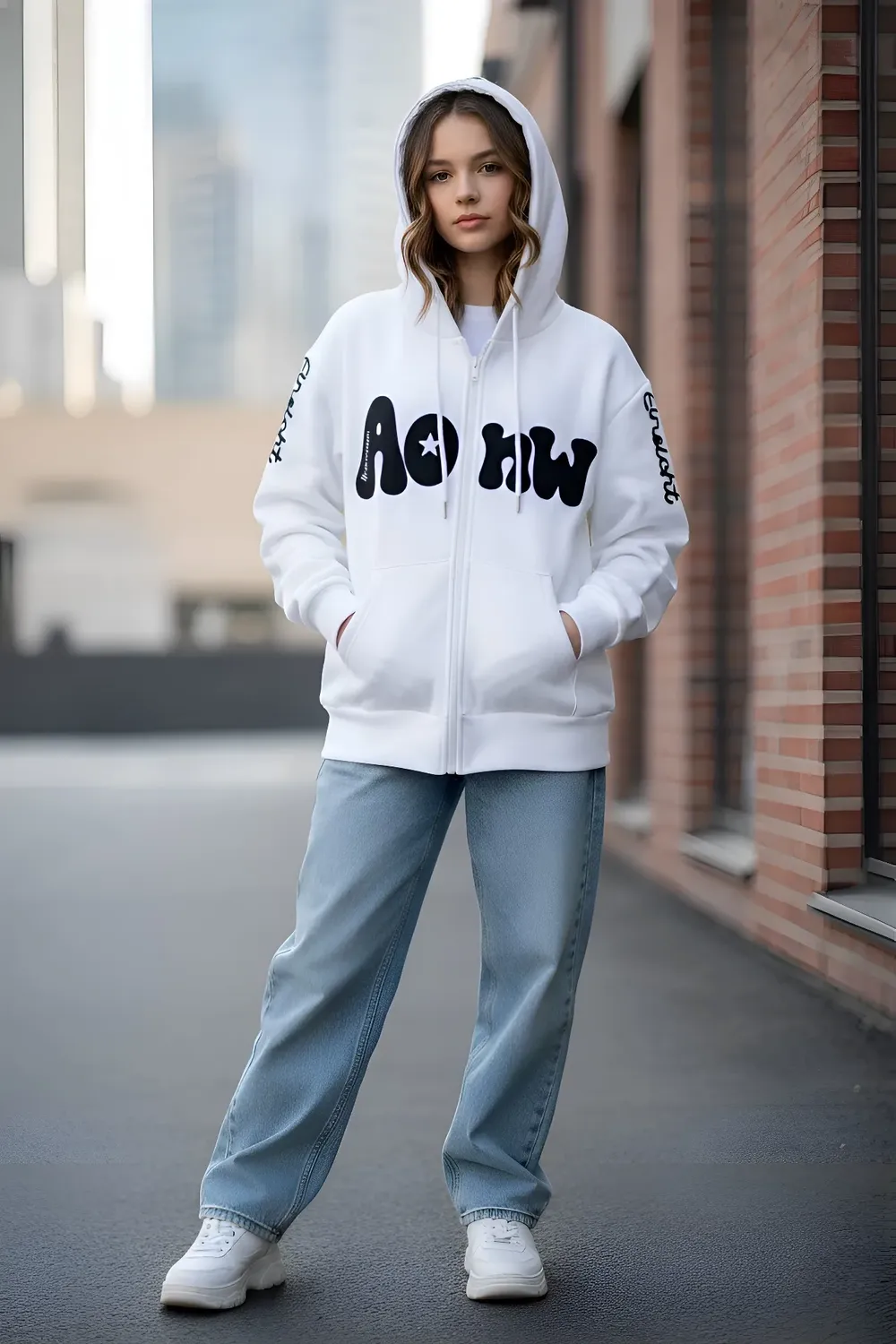 White Typography Zipper Sweatshirt