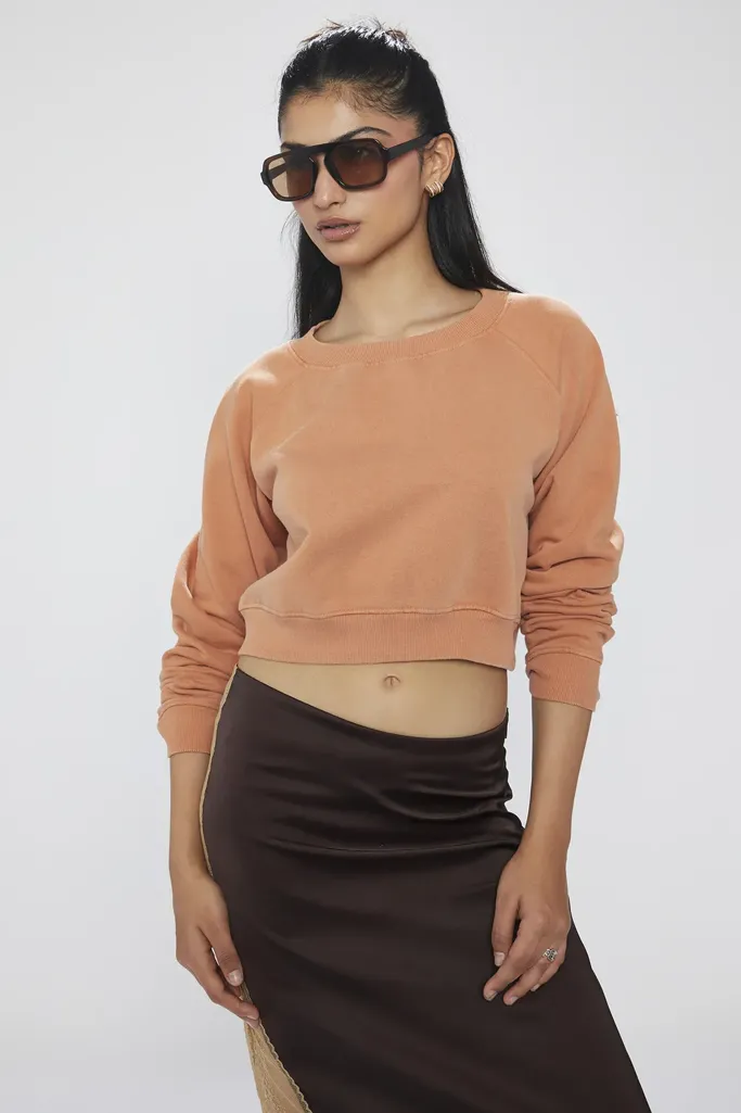 Orange Solid Crew Neck Crop Sweatshirt - Image 1