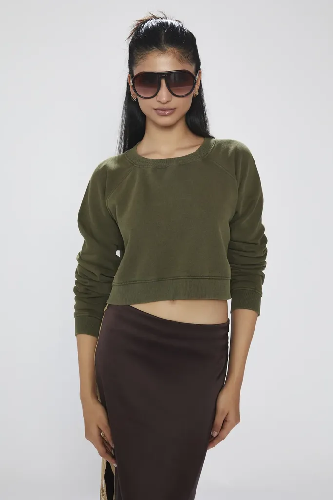 Olive Solid Crew Neck Crop Sweatshirt - Image 1