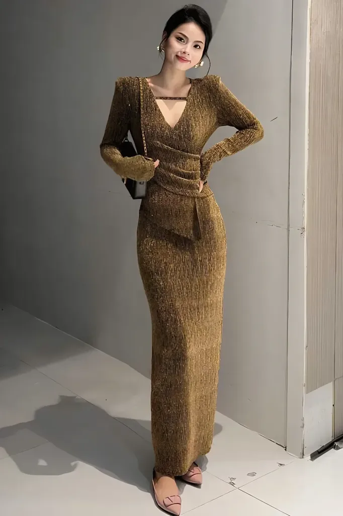 Brown Draped Bodycon Maxi Dress - Image 1