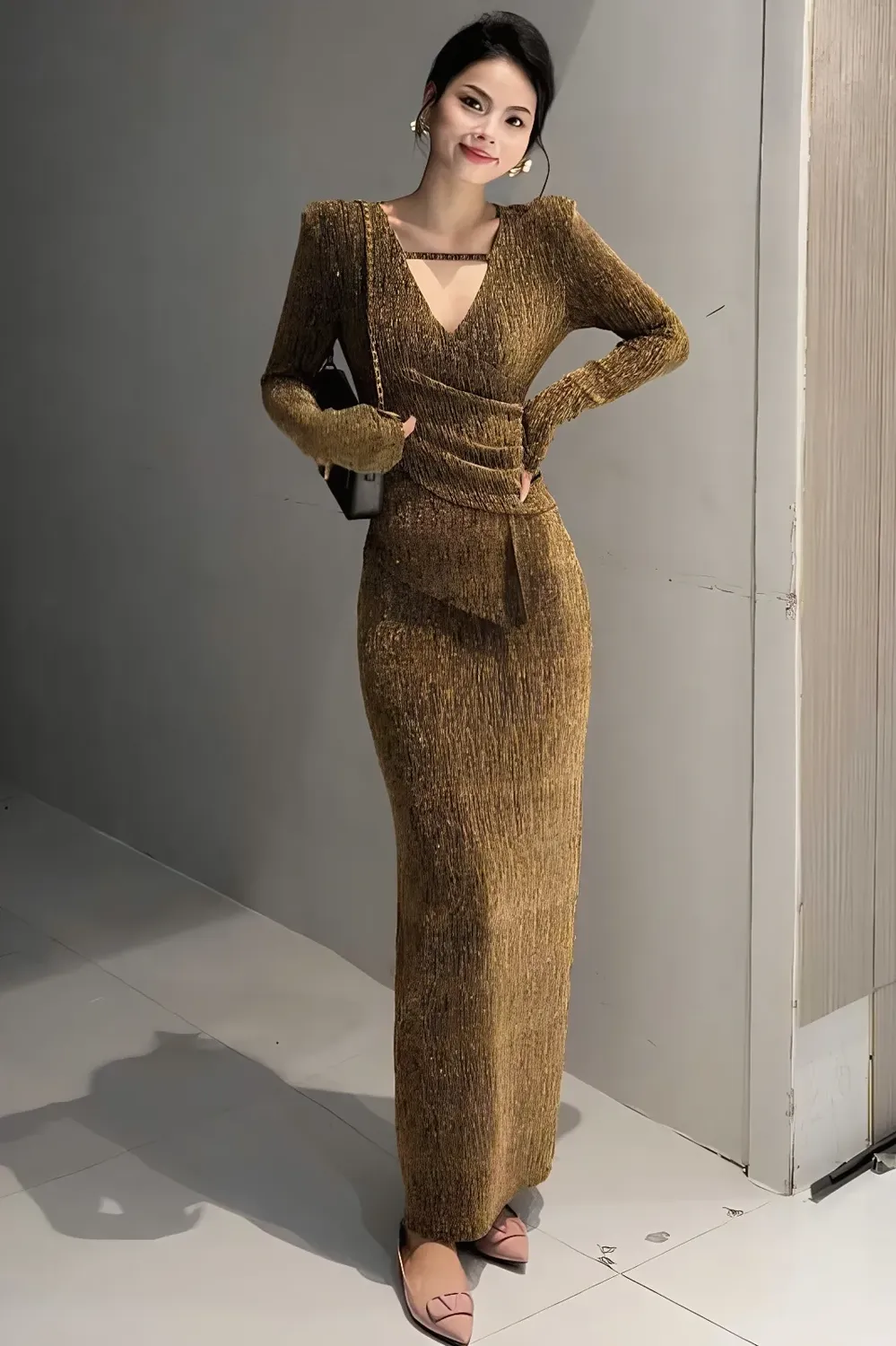 Brown Draped Bodycon Maxi Dress