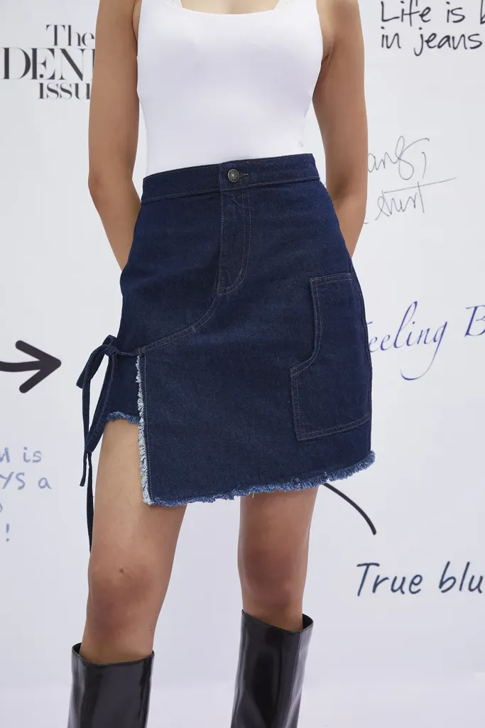 Dark Blue Frayed Hem Denim Skirt - Image 1