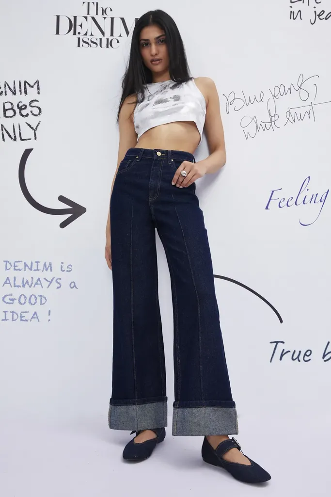 Dark Blue High Rise Folded Hem Jeans - Image 1