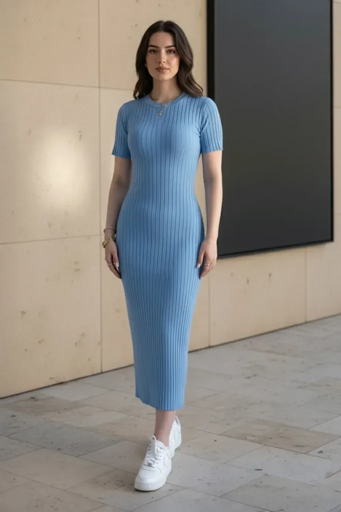 Blue Round Neck Bodycon Midi Dress - Image 1