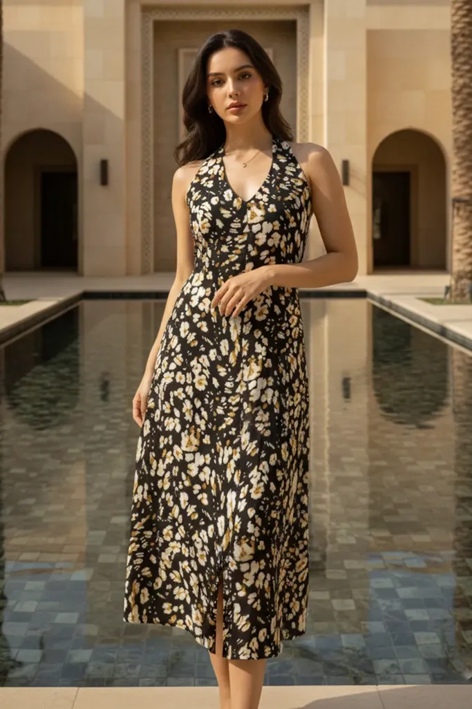 Black Floral Halter Neck A-Line Midi Dress - Image 1