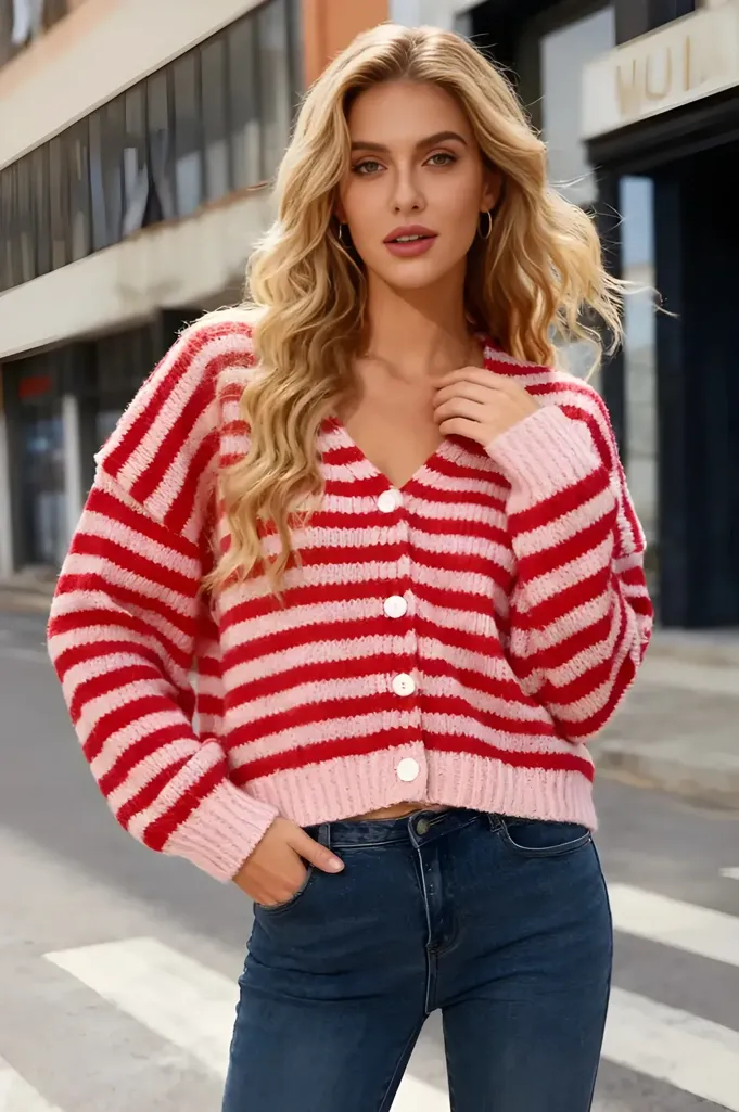 Red Striped Buttoned Cardigan - Image 1