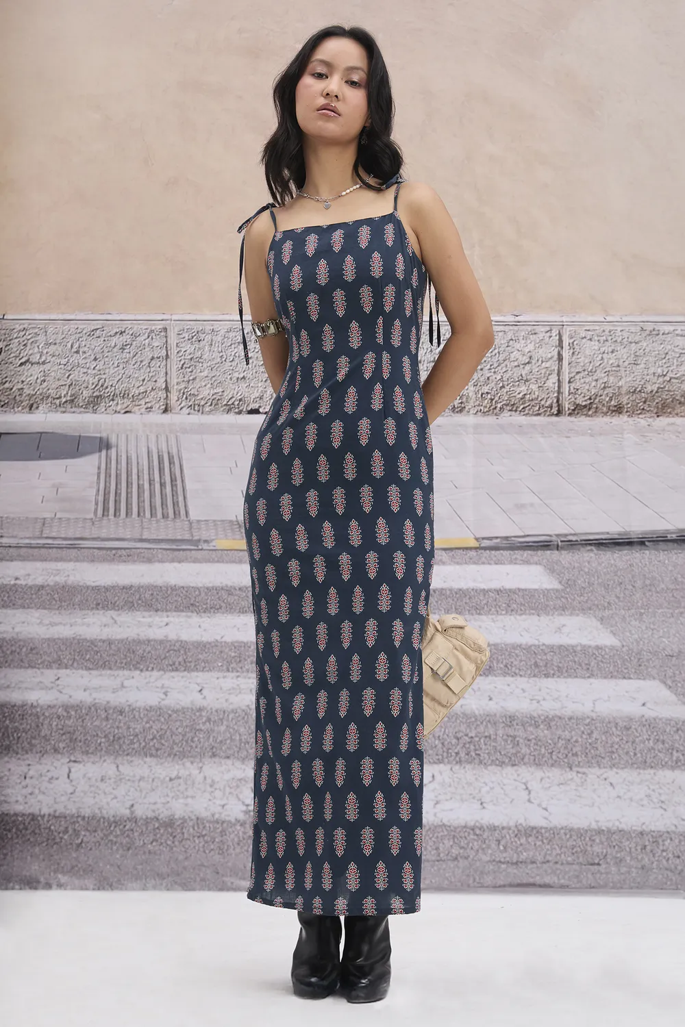 Navy Blue Ethnic Print Slit Maxi Dress