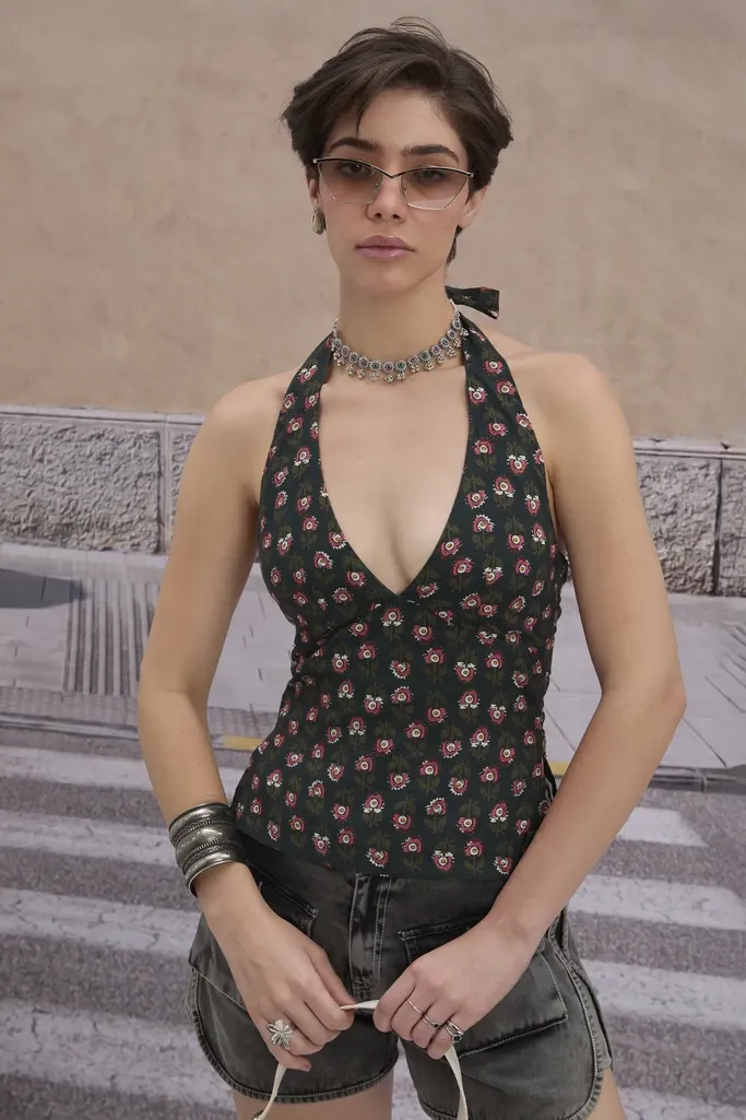 Dark Green Ethnic Halter Neck Top - Image 1