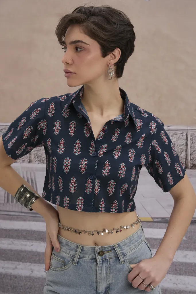 Navy Blue Ethnic Print Crop Shirt - Image 1