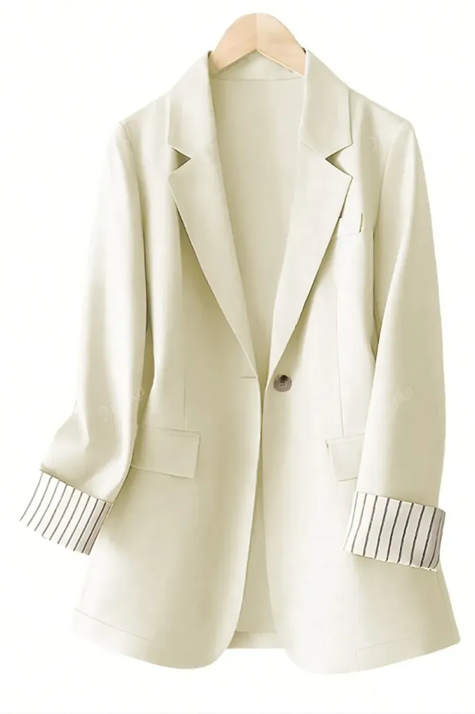 Beige Solid Lapel Collar Blazer - Image 1