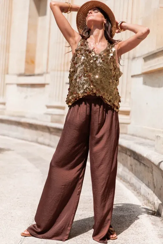 Brown Sequin Round Neck Top - Image 1